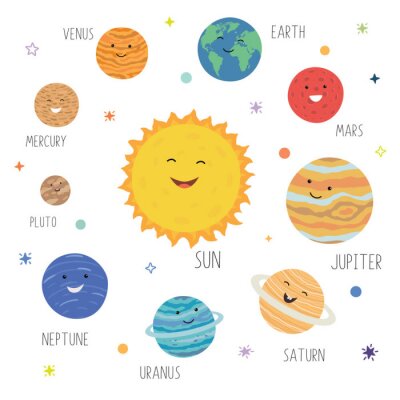 Poster Sonnensystem für Kinder glückliche Planeten