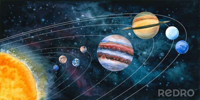 Poster Sonnensystem handgemalte Grafik