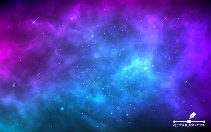 Poster Space background with stardust and shining stars. Realistic colorful cosmos with nebula and milky way. Blue galaxy backdrop. Beautiful outer space. Infinite universe. Vector illustration