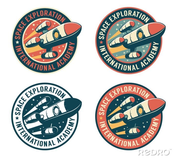 Poster Space badge with flying rocket. Galaxy exploration retro emblem with spaceship. Vector vintage illustration.