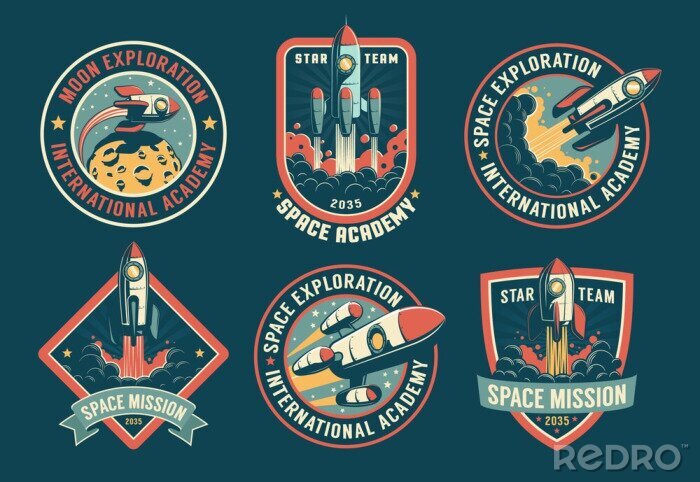 Poster Space vintage badges, emblems and labels set. Rocket retro logos pack. Vector illustartion.