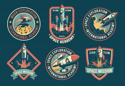 Sticker Space vintage badges, emblems and labels set. Rocket retro logos pack. Vector illustartion.