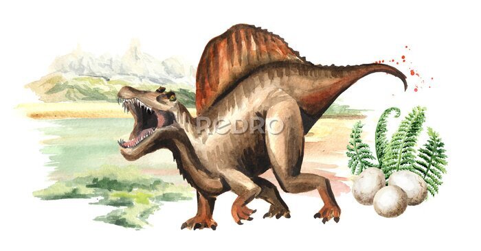Poster Spinosaurus vor dem Hintergrund einer Aquarell-Landschaft