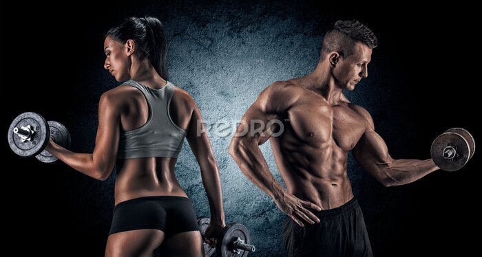 Poster Sportliche Frau und Mann mit Gewichten