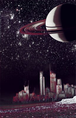 Poster Stadt bei Nacht im Licht des Planeten