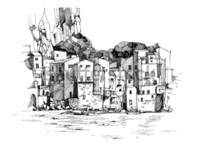 Poster Stadt unter einem Felsen schwarz-weiße Zeichnung