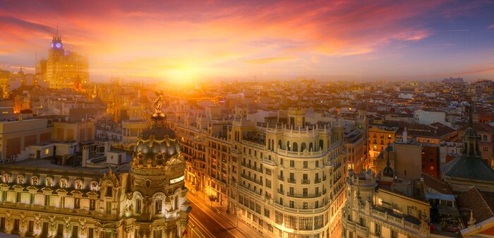 Poster Städte Europas Madrid bei Sonnenuntergang