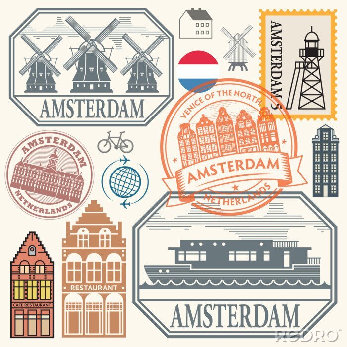 Poster Stamps or symbols set with words Amsterdam, Netherlands