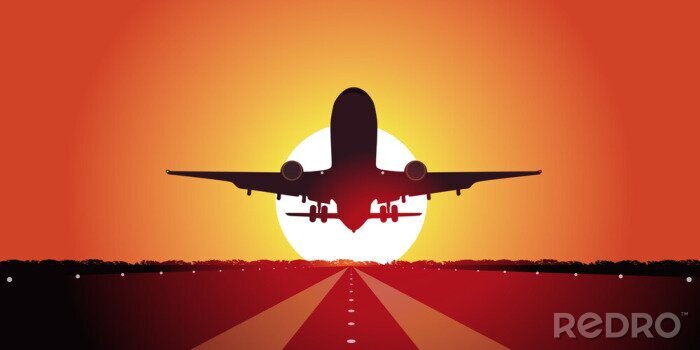 Poster Start eines Flugzeugs und Sonnenuntergang
