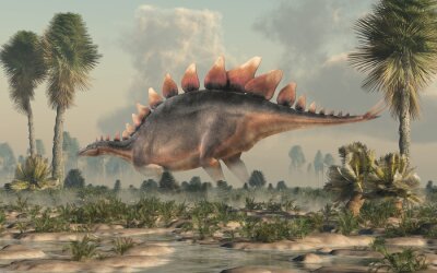 Stegosaurus, was a thyreophoran dinosaur. An herbivore, it is one of the best known dinosaurs of the Jurassic period. Here, a grey and brown one is standing in profile in a wetland. 3D Rendering. 
