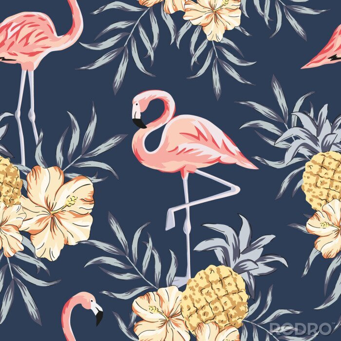 Poster Stehende Flamingos und Blumen auf einem Motiv mit dunkelblauem Hintergrund