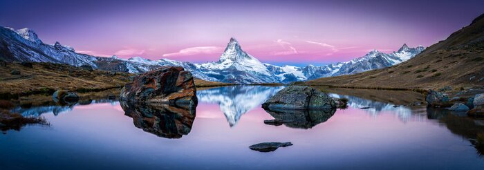 Poster Stellisee in der Schweiz mit Matterhorn im Hintergrund Panorama