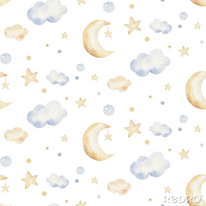 Poster Sterne, Wolken und Monde in Pastellfarben