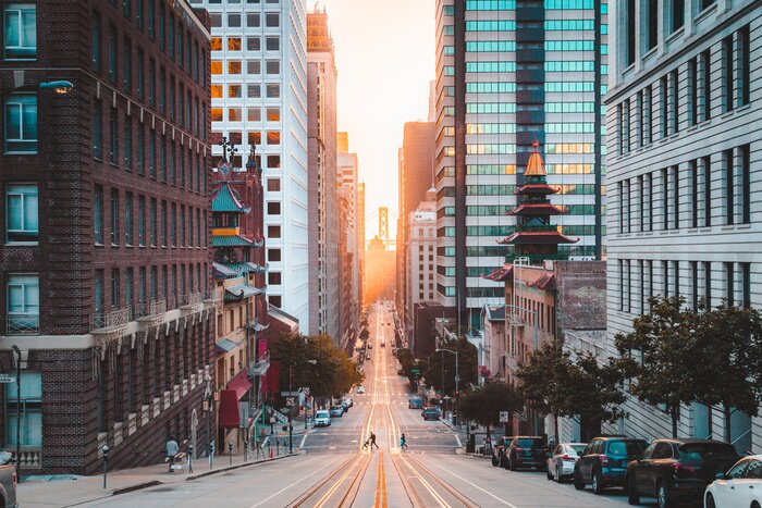 Poster Straßen von San Francisco bei Sonnenuntergang
