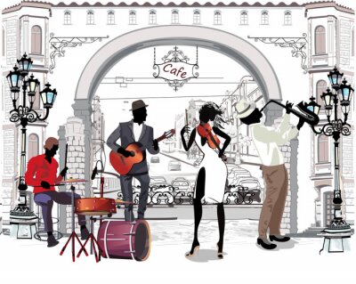 Straßenmusikanten vor dem Hintergrund eines Stadttores