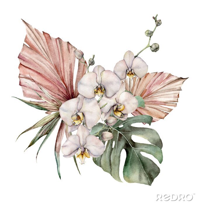 Poster Strauß aus Orchideen und bunten Blättern