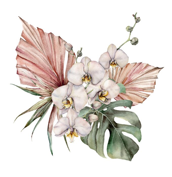 Poster Strauß aus Orchideen und bunten Blättern