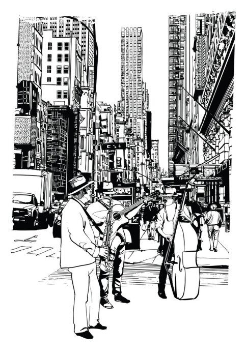 Poster Street performers playing music at 5th Avenue in New York City
