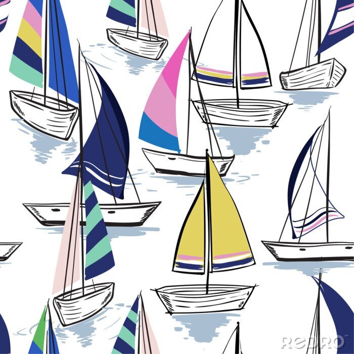 Poster Summer mood Hand drawing  sketch Seamless summer sea pattern with sailing ships