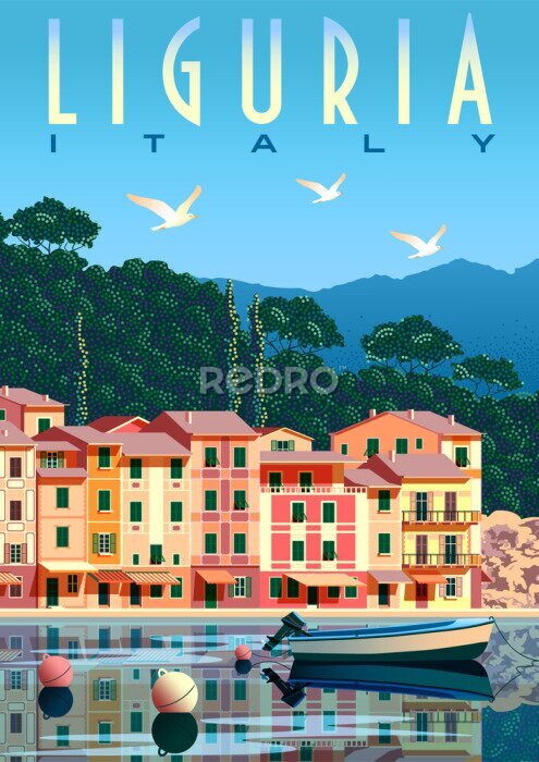 Poster Sunny summer day in Liguria with boat and fishing village in the foreground, trees and mountains in the background