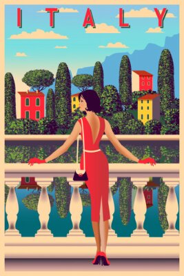 Sunny summer day on the shore of lake Como, Italy. Handmade drawing vector illustration. Can be used for posters, banners, postcards, books & etc.
