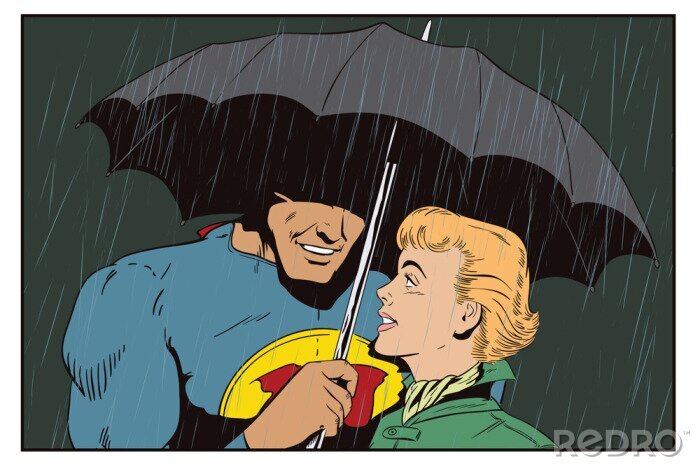 Poster Superheld rettet Mädchen vor Regen. Ein Held hält einen Regenschirm über eine Frau. Stock Illustration.