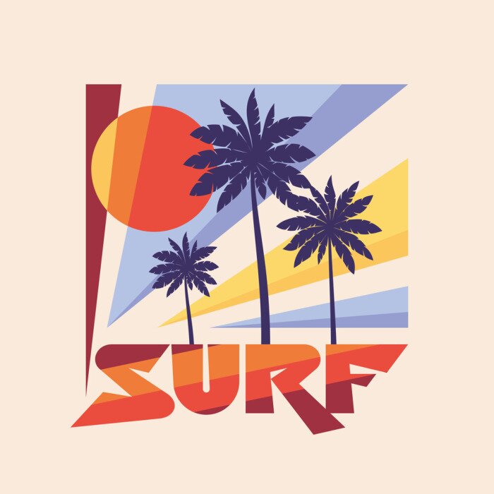 Poster Surf - vector illustration concept in vintage graphic style for t-shirt and other print production. Palms, sun illustration. Badge logo design. 80's style vintage retro California beach.