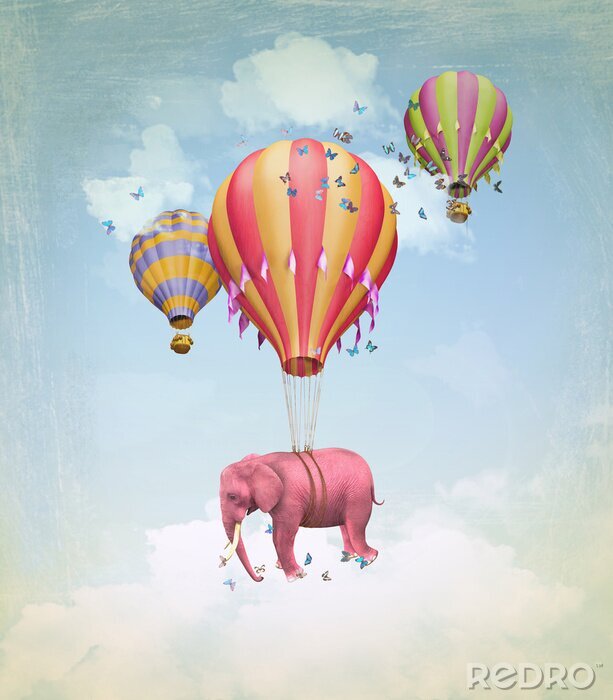 Poster Surrealistischer rosa Elefant und Luftballons