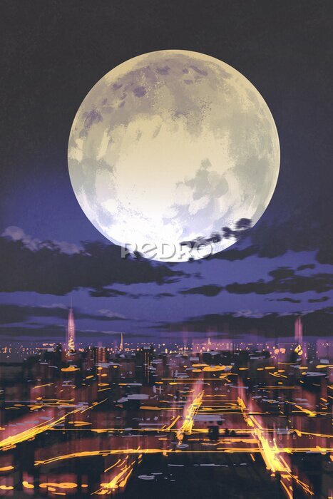 Poster Szenerie einer Stadt bei Nacht