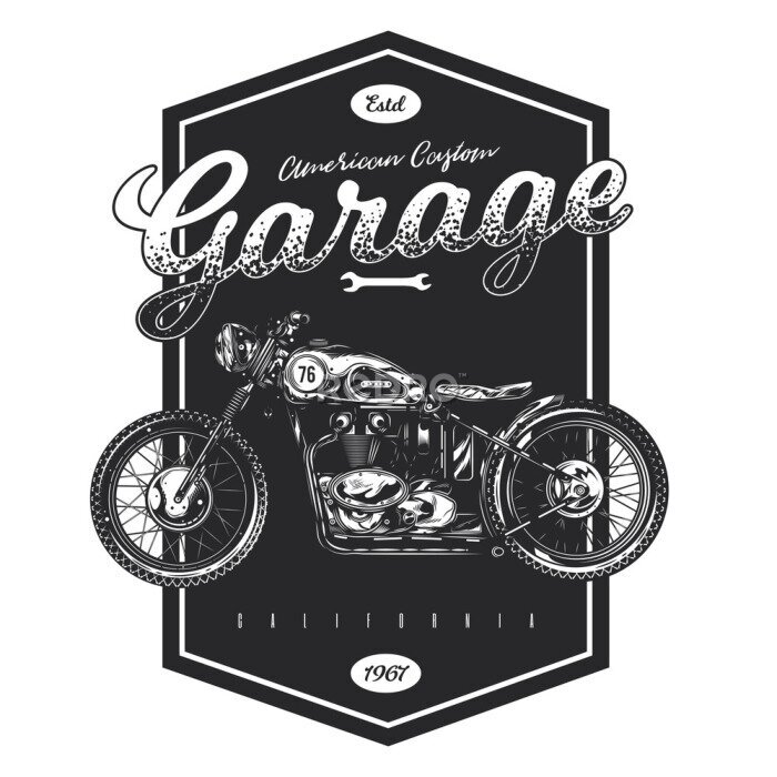 Poster T-shirt or poster design with an illustration of an old motorcycle. Design with text composition on light and dark background.