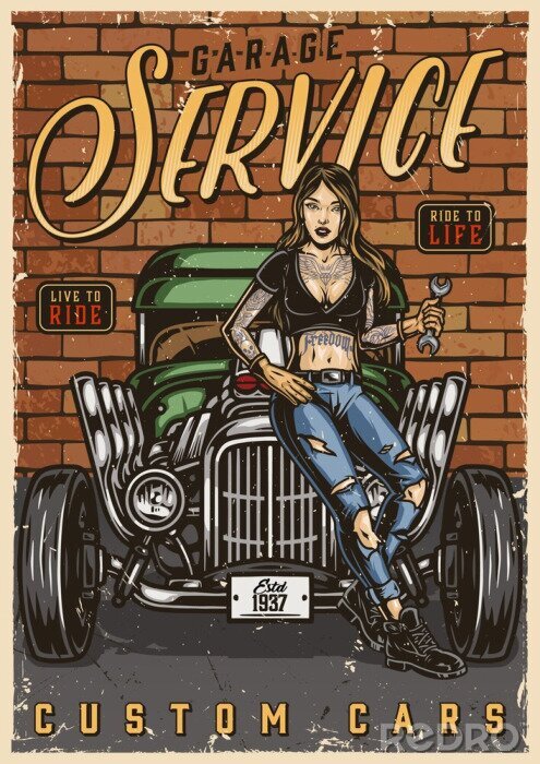 Poster Tätowierte Frau mit Auto Vintage in der Garage