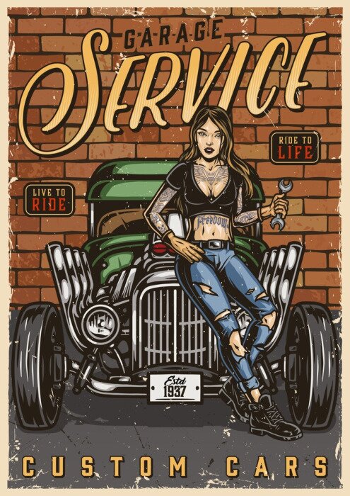 Poster Tätowierte Frau mit Auto Vintage in der Garage