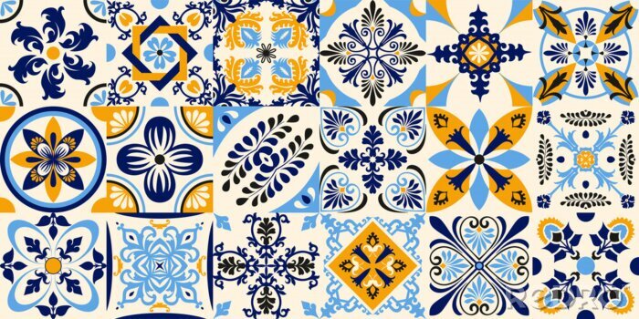 Poster Talavera pattern. Indian patchwork. Azulejos portugal. Turkish ornament. Moroccan tile mosaic. Ceramic tableware, folk print. Spanish pottery. Ethnic background. Mediterranean seamless wallpaper.