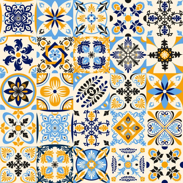 Poster Talavera pattern. Indian patchwork. Azulejos portugal. Turkish ornament. Moroccan tile mosaic. Ceramic tableware, folk print. Spanish pottery. Ethnic background. Mediterranean seamless wallpaper.