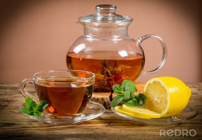 Poster Tasse Teekanne und Zitrone