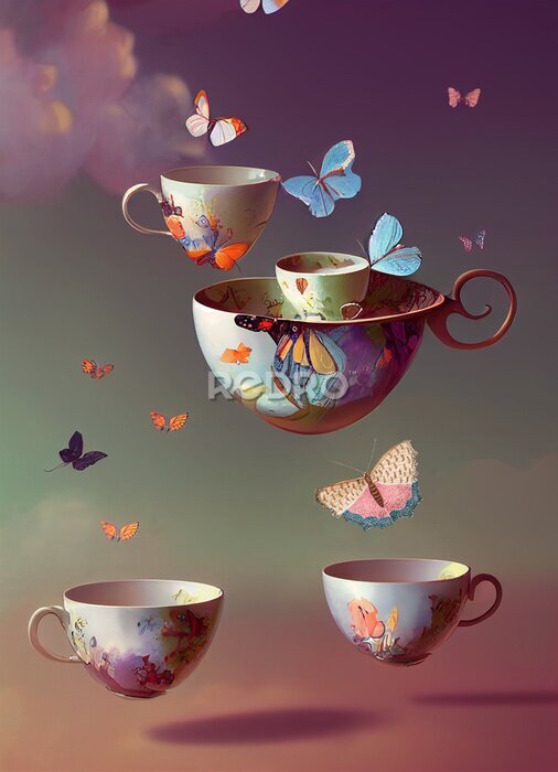 Poster Tassen und Schmetterlinge