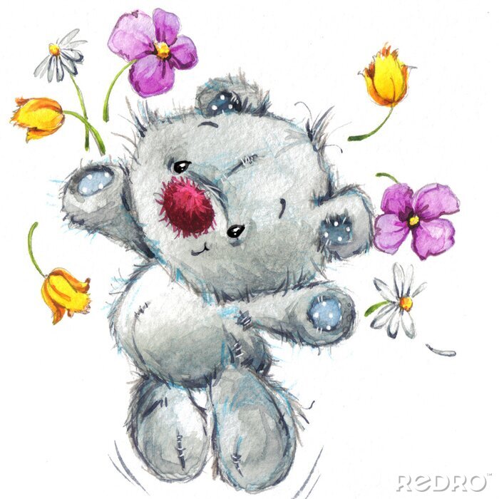 Poster Teddybär, der bunte Blumen verstreut