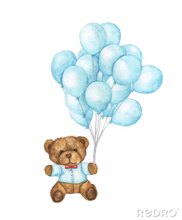 Poster Teddybär mit blauem Pullover und blauen Luftballons