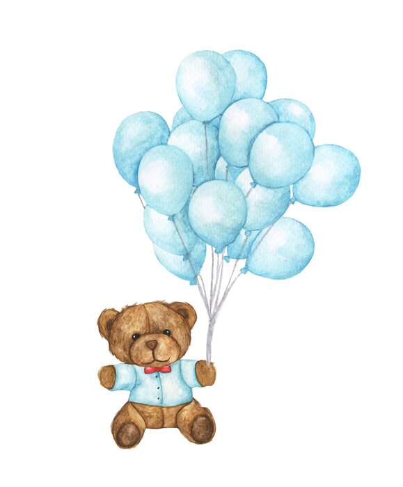 Poster Teddybär mit blauem Pullover und blauen Luftballons