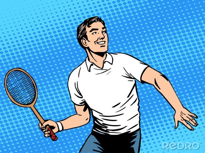 Poster Tennis Cartoon-Grafik eines Mannes mit einem Schläger