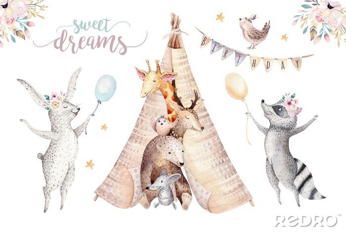 Poster Tiere auf weißem Boho Hintergrund