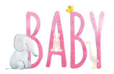Poster Tiere, die auf einem rosa "Baby"-Schild sitzen