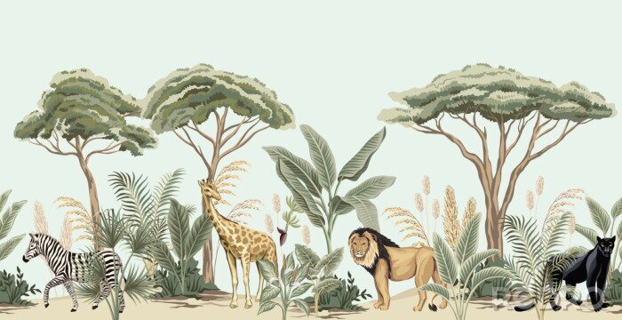Poster Tiere unter den Bäumen in der Savanne