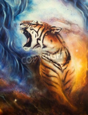 Poster Tiger auf kosmischem hintergrund