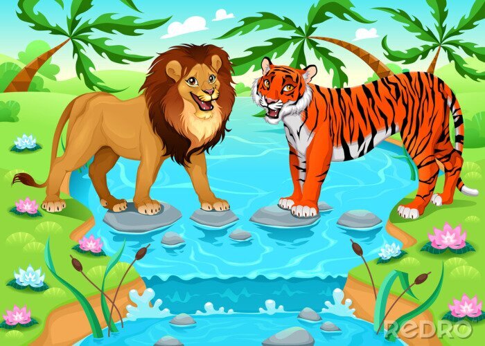 Poster Tiger Dschungel und Löwe