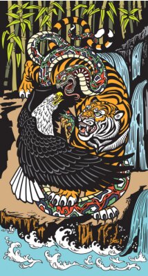 Poster Tiger Schlange und Adler im Kampf - farbenfrohe Grafik