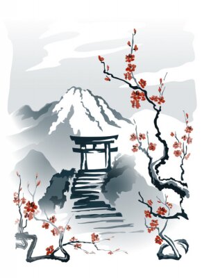 Poster Torii Tor auf einem Felsen Muster im japanischen Stil