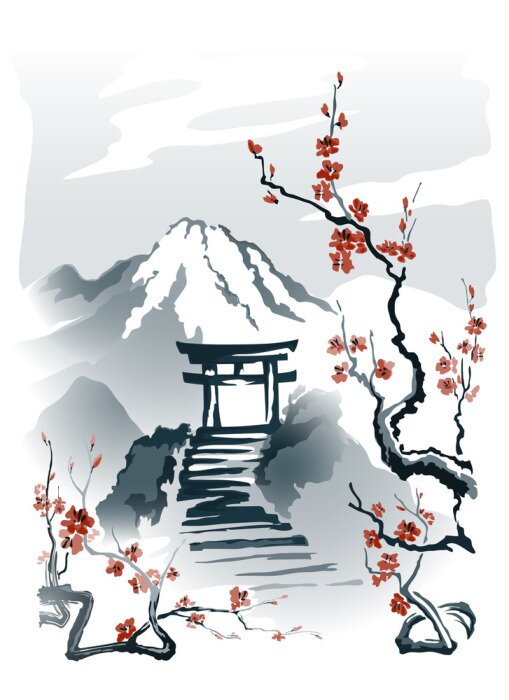 Poster Torii Tor auf einem Felsen Muster im japanischen Stil