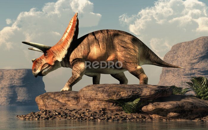 Poster Torosaurus auf einem Felsen am See
