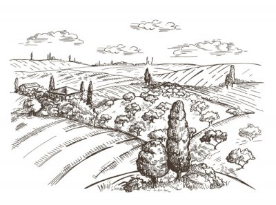 Poster Toskana mit Bleistift gezeichnete Landschaft